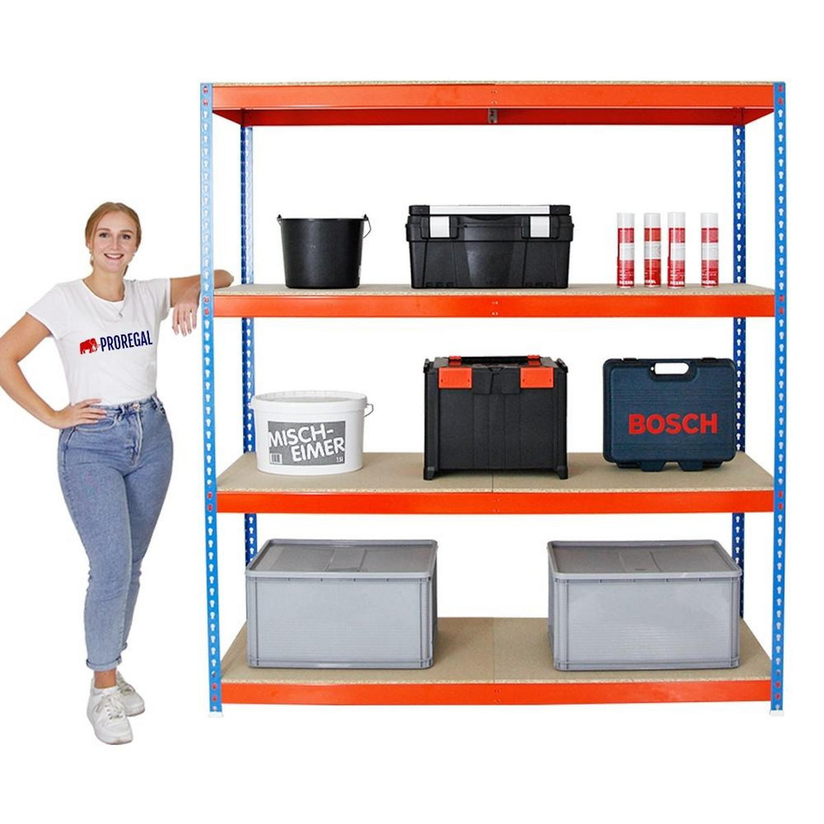 SCHWERLASTREGAL Wood Beast Four HxBxT 200 x 150 x 75 cm 4 Ebenen Fachlast 600 kg Blau-Orange - Gelb, Metall (150/200/75cm) - PROREGAL