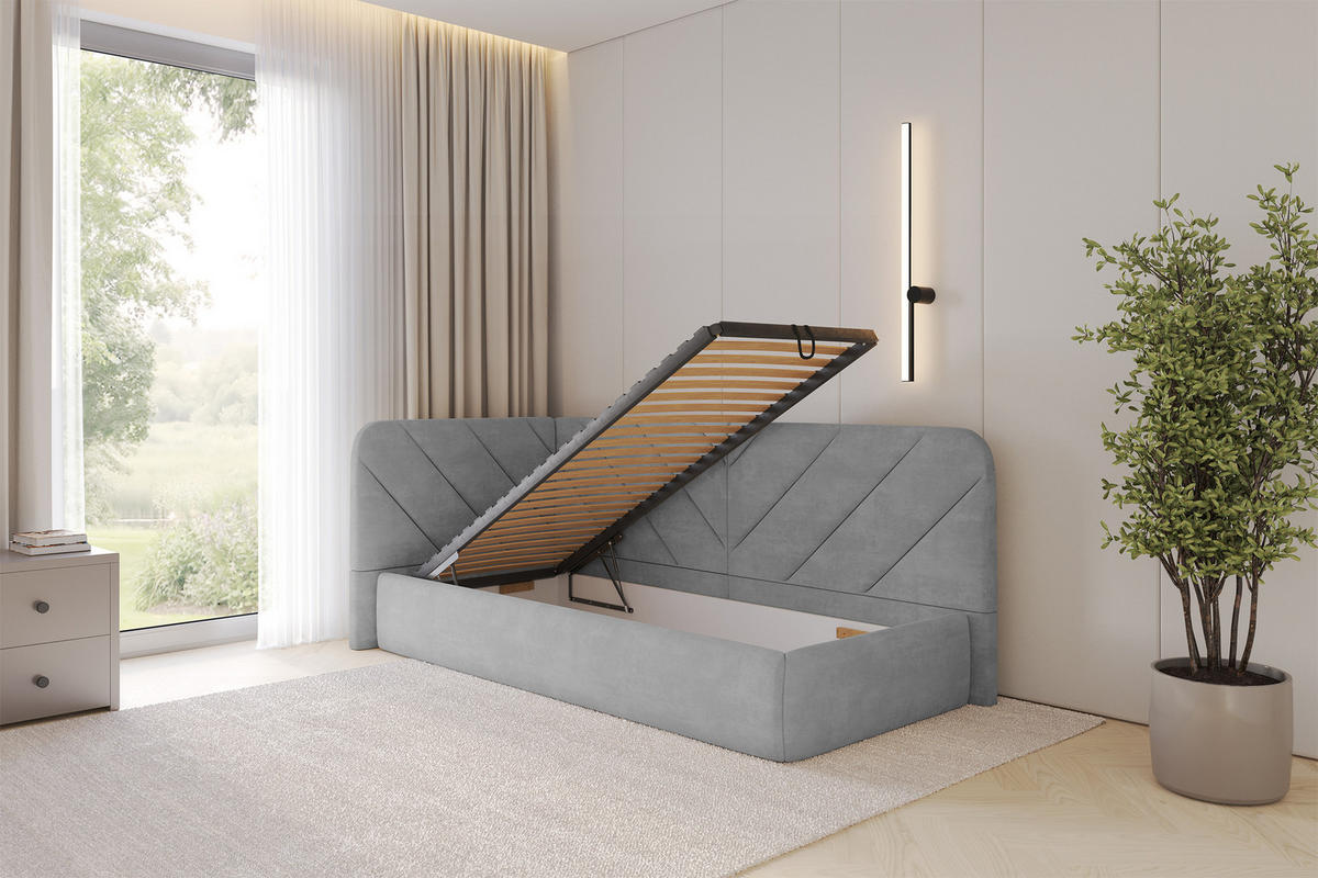 EINZELLBETT Jugendbett mit Bettkasten und Matratze H3/H4, Rechts - FIKY 80x200 Grau - Silberfarben, Holzwerkstoff/Textil (80/200cm) - ALTDECOR