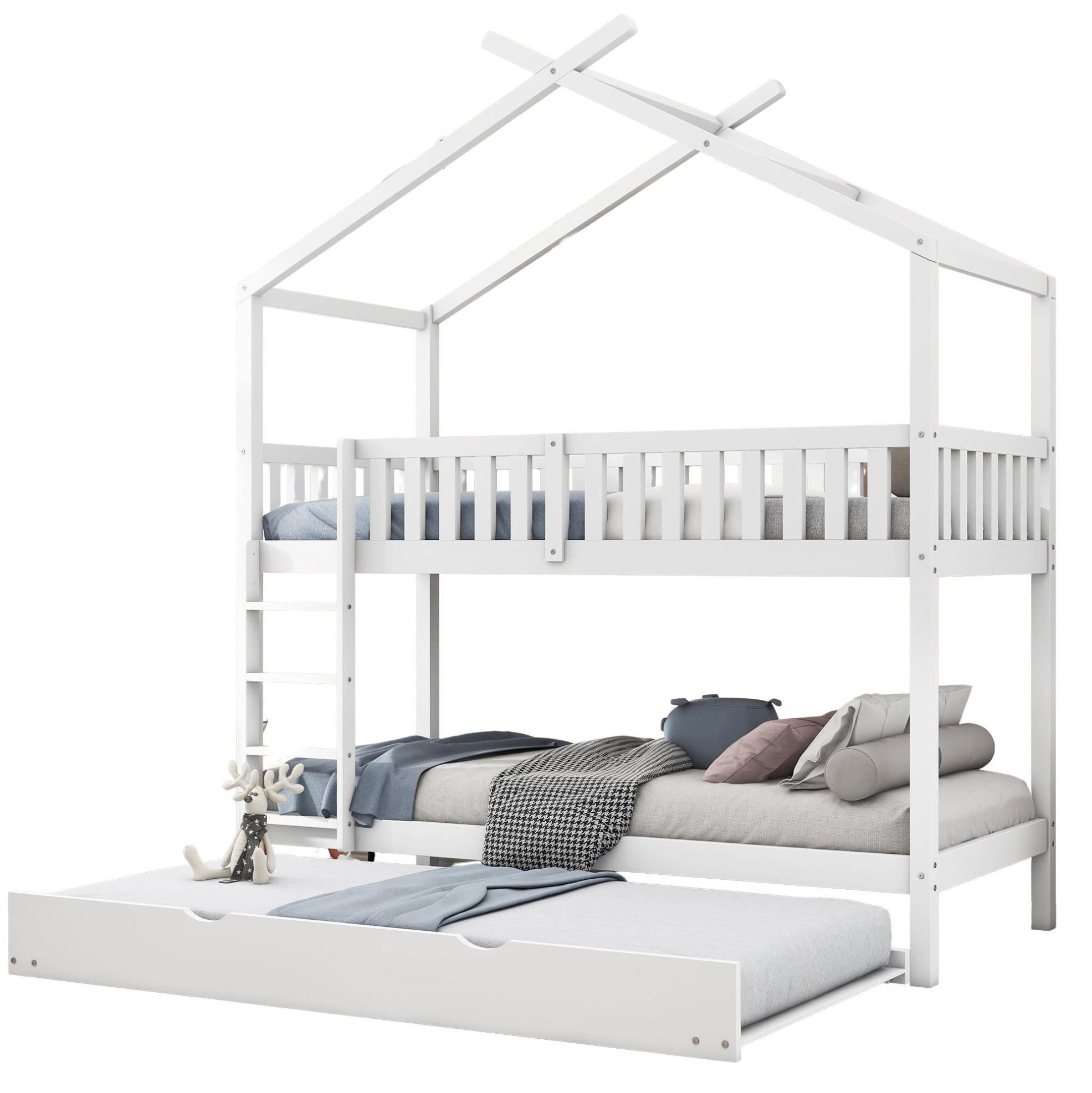 HAUSBETT 90/200 cm Weiß aus Kiefernholz mit Ausziehbett und 3 Schlafplätzen - Weiß, Holz (90/200cm) - Flora Grace
