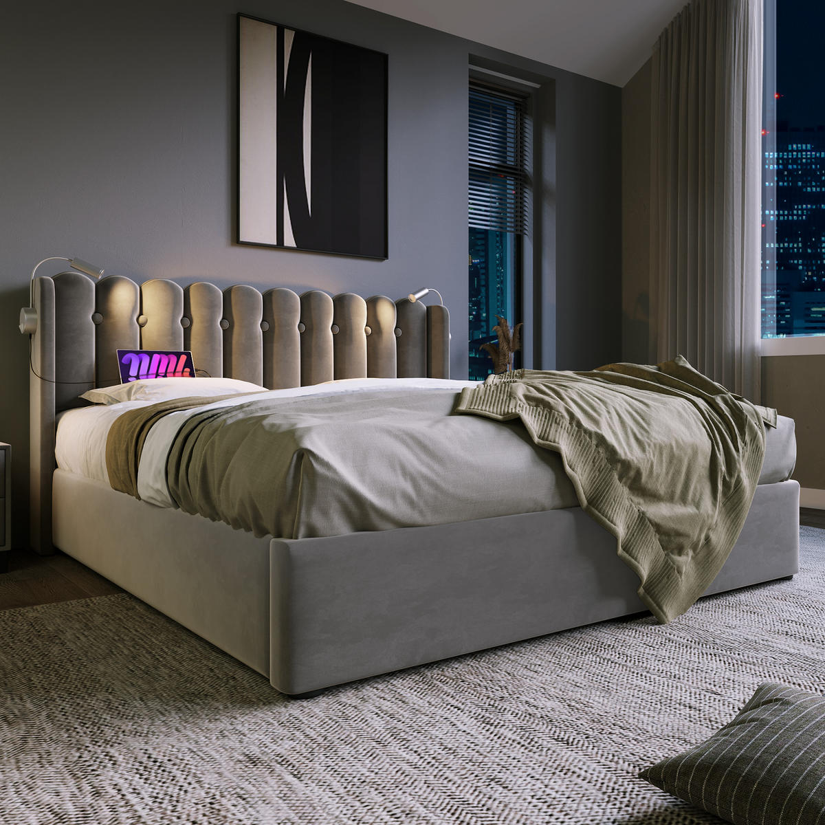 POLSTERBETT aus Samt 140x200 cm in Grau mit USB & Leselicht - Grau, Textil (140/200cm) - Modfu