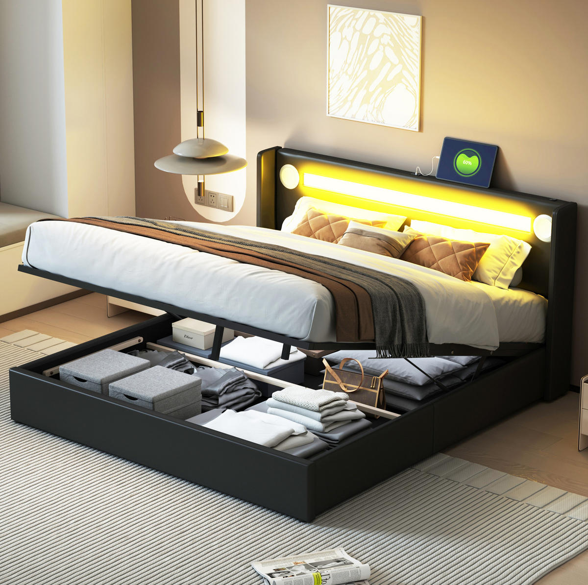 POLSTERBETT mit Bettkasten 160/200 cm in Schwarz mit LED-Beleuchtung & USB - Schwarz, Kunststoff (160/200cm) - BEAOK