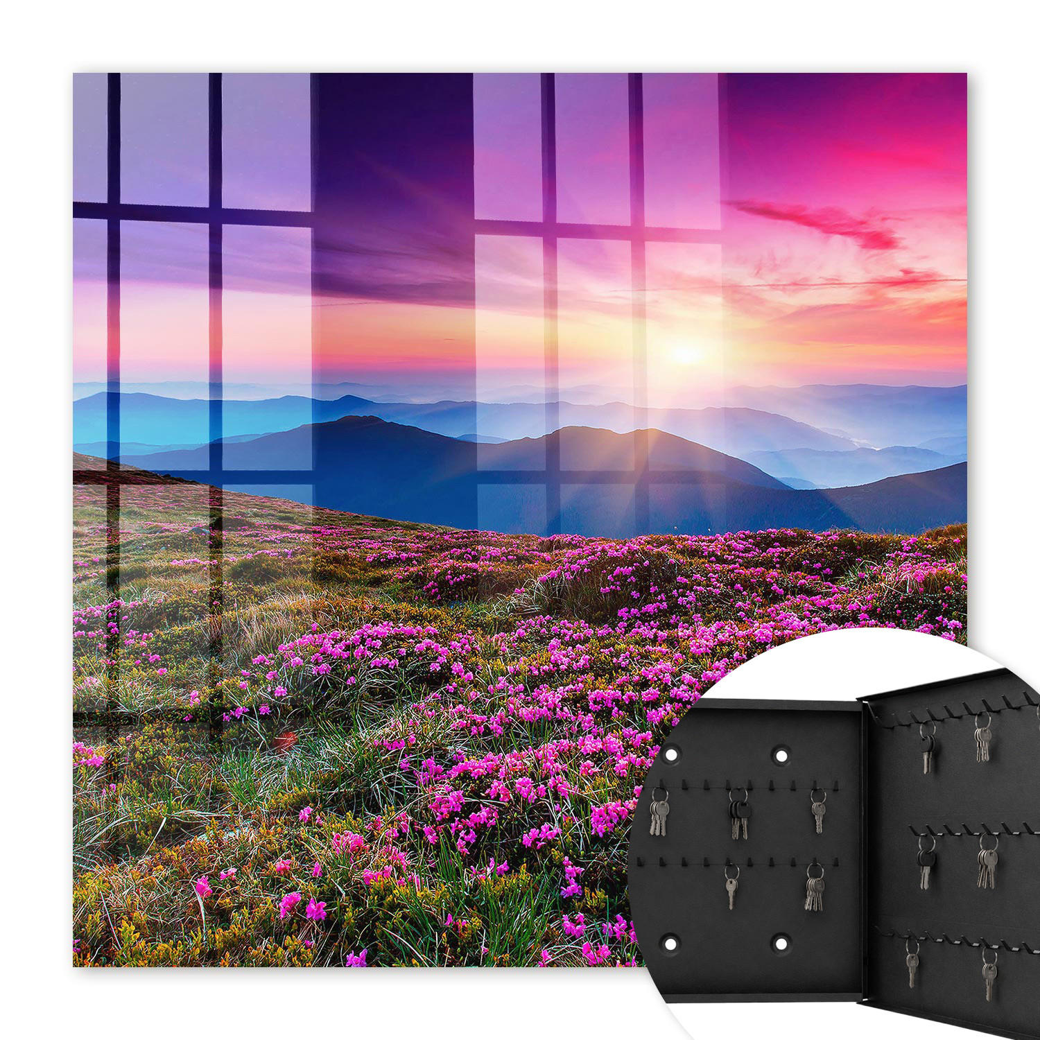 SCHLÜSSELBOX Schwarz 30x30 cm- Türöffnung nach rechts - Morgen in den Bergen - Pink, Metall (30/30/5cm) - TULUP
