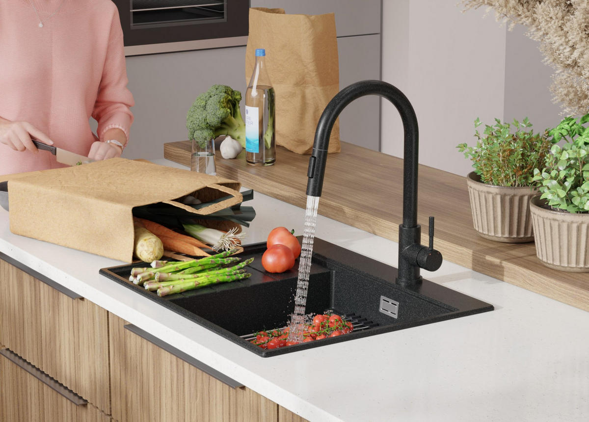 SPÜLBECKEN Sydney, 2-er set Anthrazit 62/50 cm 1 Becken + Ablauf-Set + Küchenzubehörset ab 45er Unterschrank - Chromfarben/Anthrazit, Kunststoff (62/20/50cm) - Primagran