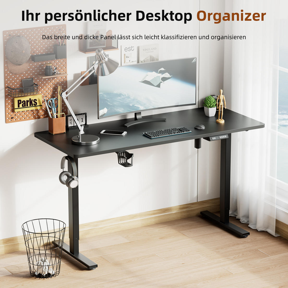 SCHREIBTISCH elektrisch höhenverstellbarer 60 x 120 cm, mit USB-A- und Type-C-Ladeanschlüssen, mit Memory- und Kollisionsschutzfunktion - Schwarz, Metall (120/60/120cm) - HOMAVO