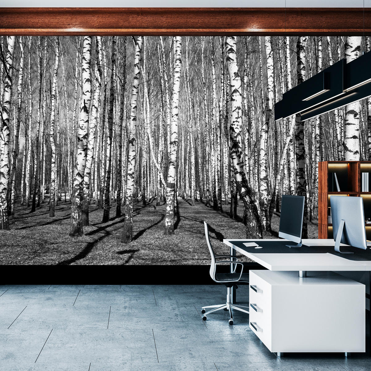 FOTOTAPETE für Wohnzimmer Birkenwald Schwarz-Weiß Minimalistisch 200x140 - Schwarz/Weiß, Papier (200/140cm) - Muralo