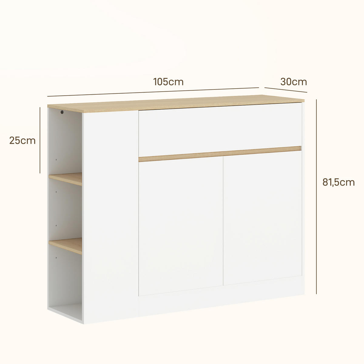 SIDEBOARD Küchenschrank mit Schublade, verstellbare Ablage, Aufbewahrungsschrank - Weiß/Naturfarben, Holz/Holzwerkstoff (30/81.5/105cm) - HOMCOM