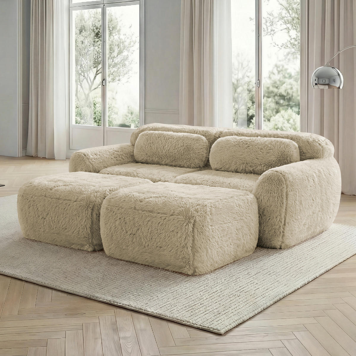 SOFA modulares 2-Sitzer mit 2 Ottomans Plüsch Light Khaki - Braun, Kunststoff (179/73/204cm) - Meubliv