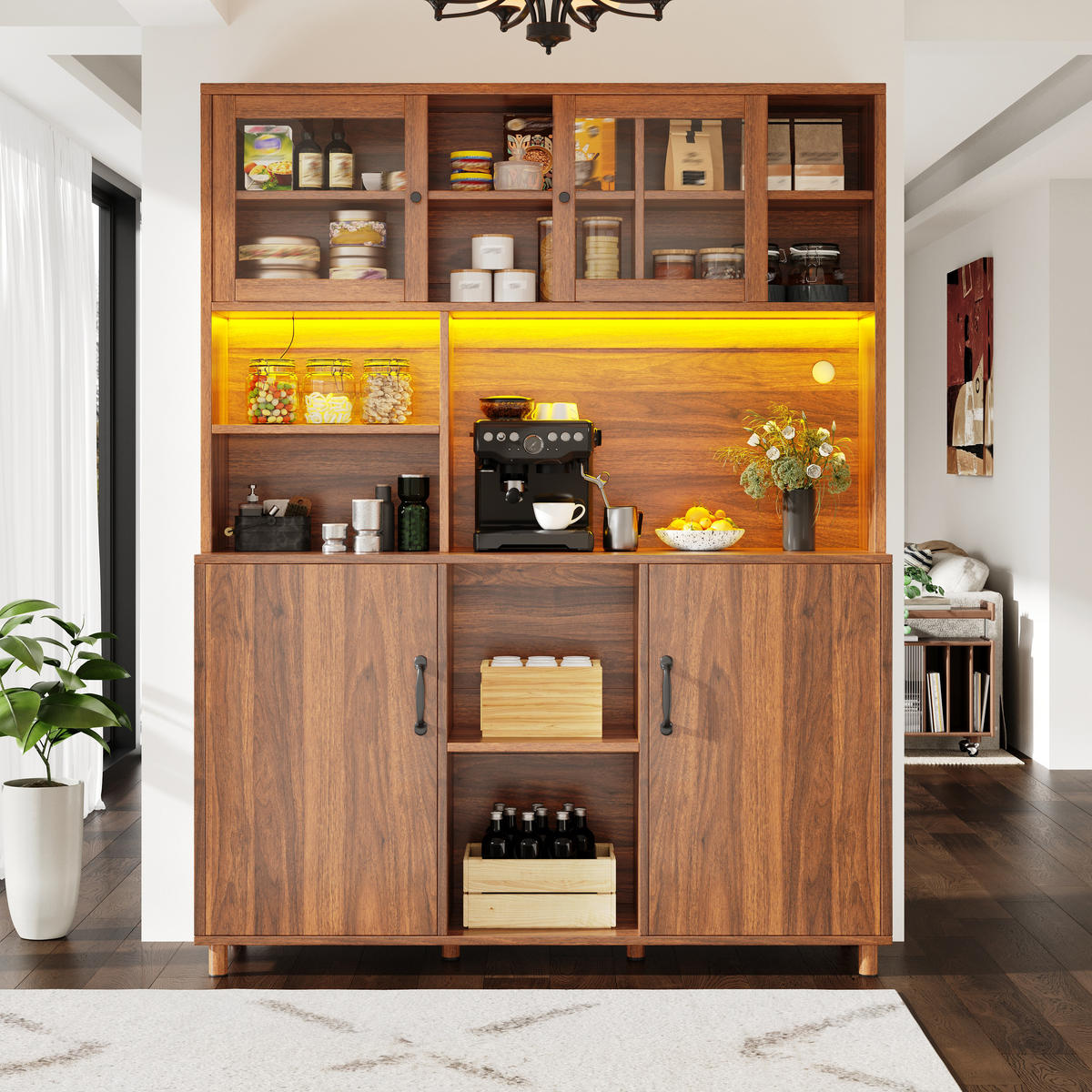BUFFET 140x40x185cm LED Snackablage Walnuss - Braun, Glas (140/185/40cm) - FLIEKS