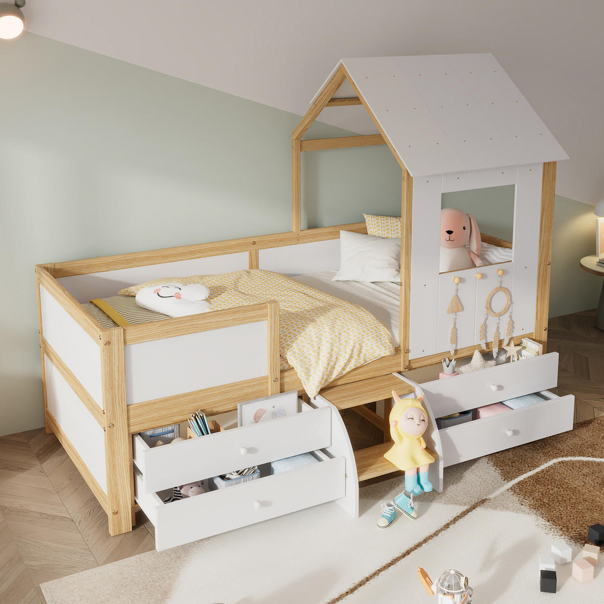 HAUSBETT 90/200 mit Dach, 4 Schubladen und kleiner Treppe in Weiß und Natur - Weiß/Naturfarben, Holzwerkstoff (90/200cm) - EVRYAE