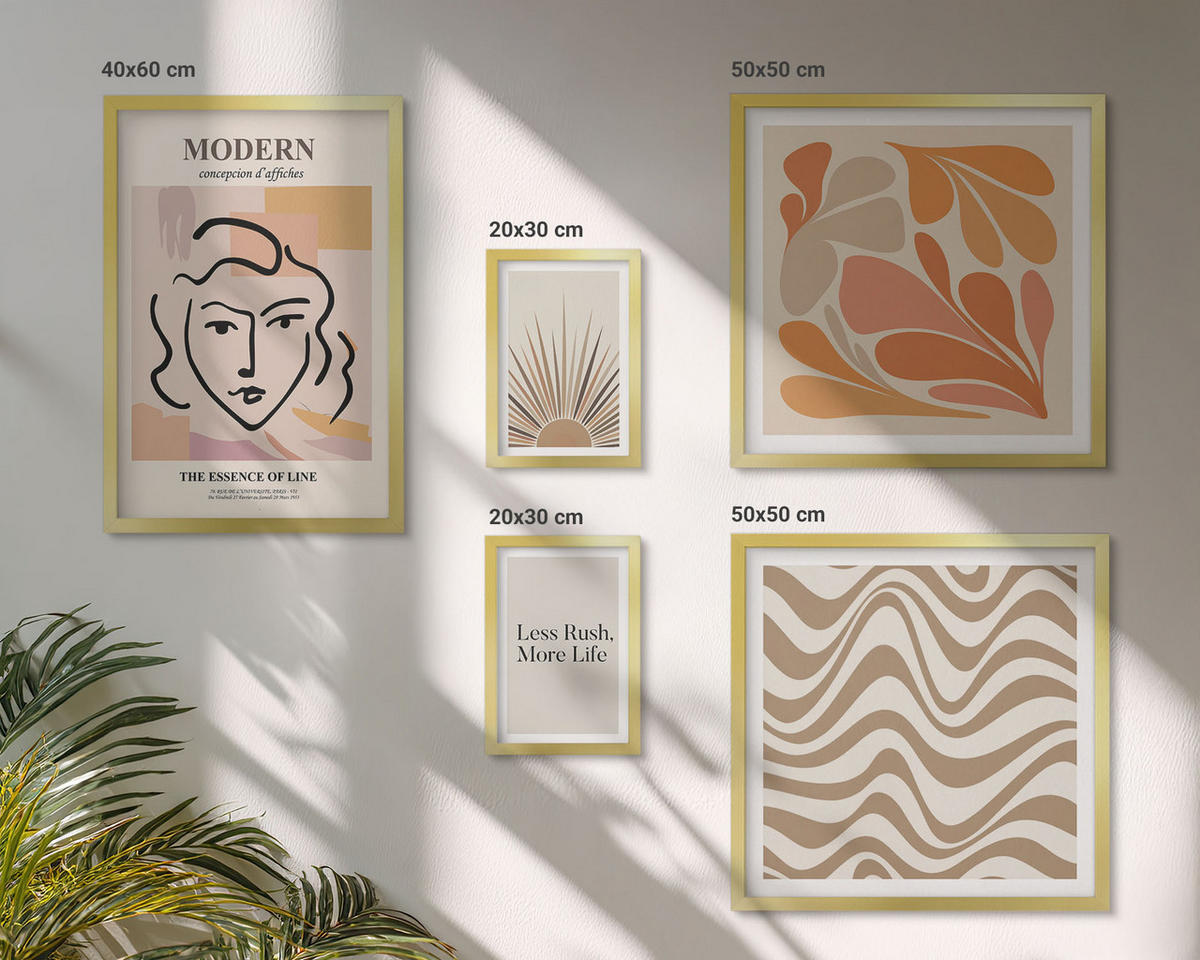 WANDBILDER 5er Set - 50x50 cm & 20x30 cm & 40x60 cm Goldrahmen - Sonnen-Boho-Pastelltönen - Goldfarben, Kunststoff (40/60cm) - ArtPrintCave
