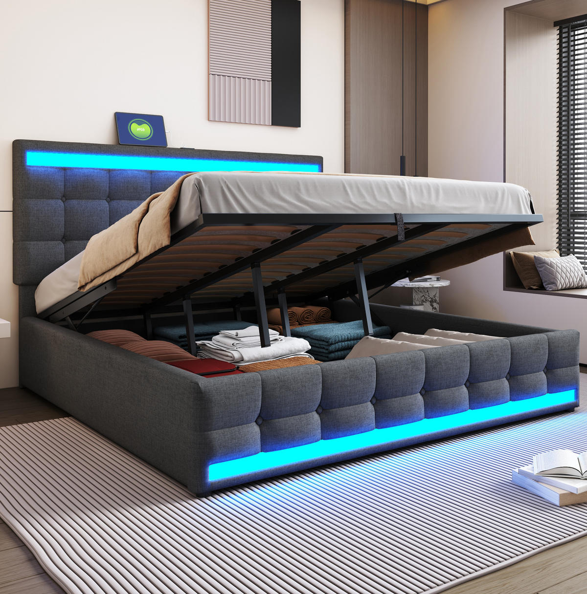 POLSTERBETT aus Leinen 180x200 cm in Grau mit LED-Beleuchtung & USB-Anschlüssen - Grau, Textil (180/200cm) - Modfu