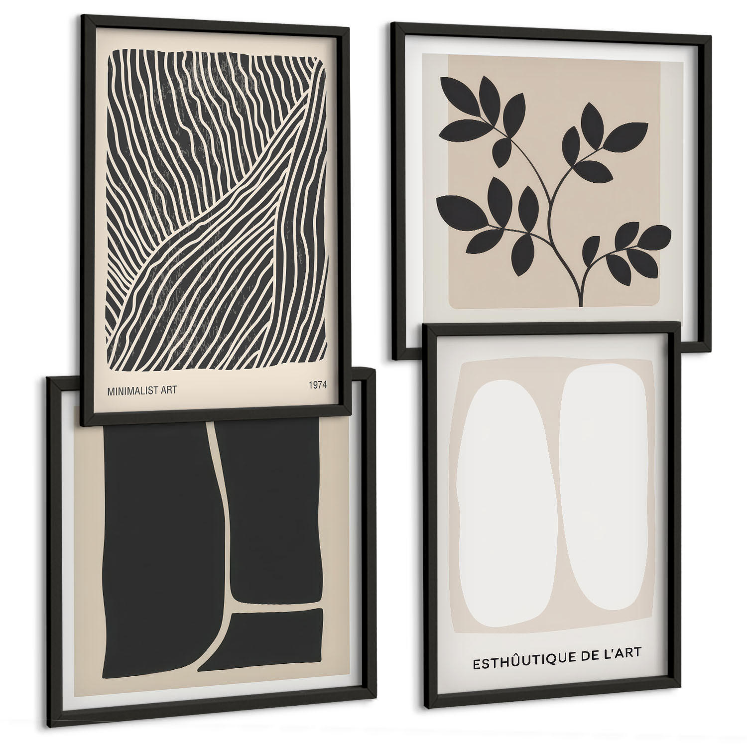 BILDER SET 4er Set - 50x50 cm & 40x60 cm Schwarzer Rahmen - Minimalistische Pflanzenmuster - Schwarz, Kunststoff (50/50cm) - TULUP