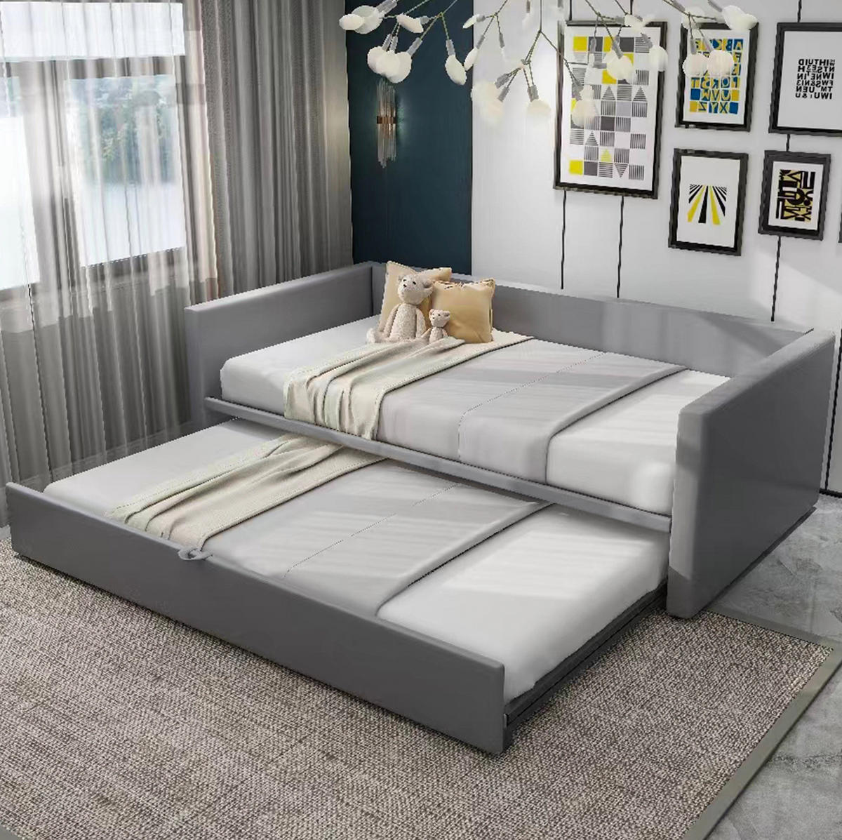 ČALÚNENÁ posteľ 90/200 cm s výsuvným lôžkom, lamelovým roštom a podrúčkami, Sivá - sivá, textil (90/200cm) - Redom