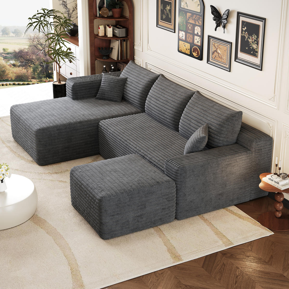WOHNLANDSCHAFT Cord Dunkelgrau ohne Montage - Grau, Textil (241/58/151cm) - WISHDOR