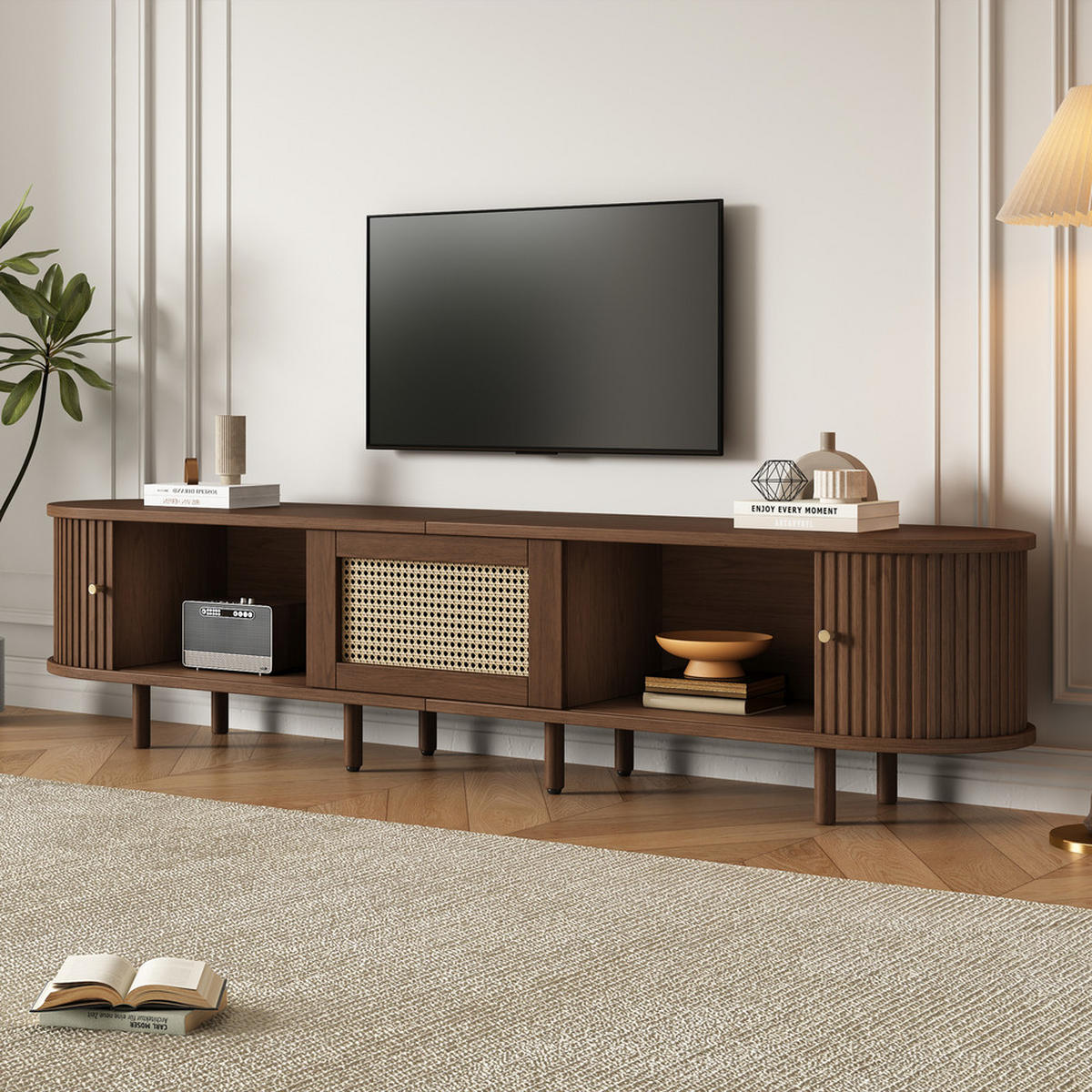 TV-STÄNDER 180cm Oval Nussbaum Rattan-Design verstellbare Füße - Braun, Holz (49.5/14.5/120cm) - FLIEKS