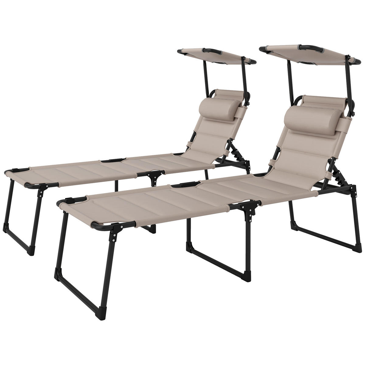 SONNENLIEGE 2er-Set DE-15652 klappbar, verstellbares Sonnendach Khaki - Mokka, Metall (200/45/70cm) - ComfortXL