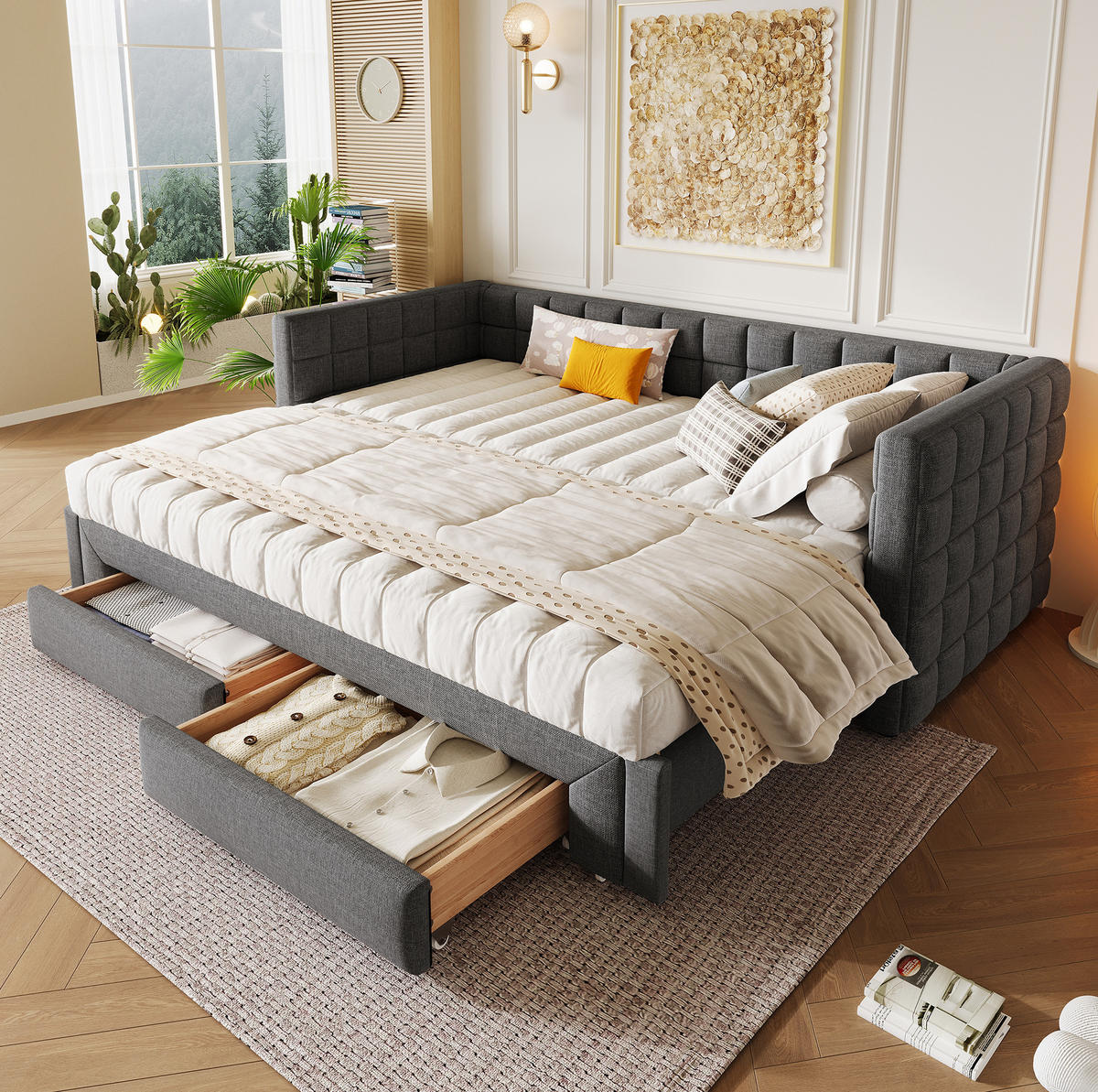 ROZKLADACIA posteľ 90/200 cm sivá zo zamatu a MDF s hranatým operadlom, výsuvným lôžkom a 2 zásuvkami - sivá, textil (90/200cm) - OKWISH