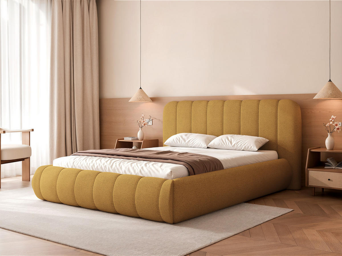 POLSTERBETT Gallo 160x200 cm Senfgelb Schlingengewebe – (Doppelbett mit Bettkasten, Lattenrost, voluminöses Kopfteil) - Currygelb, Holz/Holzwerkstoff (160/200cm) - Ravio