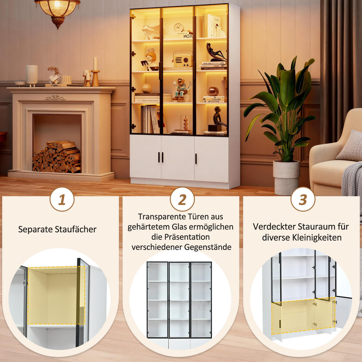 VITRINE LED Glasvitrine Hochschrank 200cm 6 Türen Weiß - Weiß, Holzwerkstoff (120/200/32cm) - FLIEKS