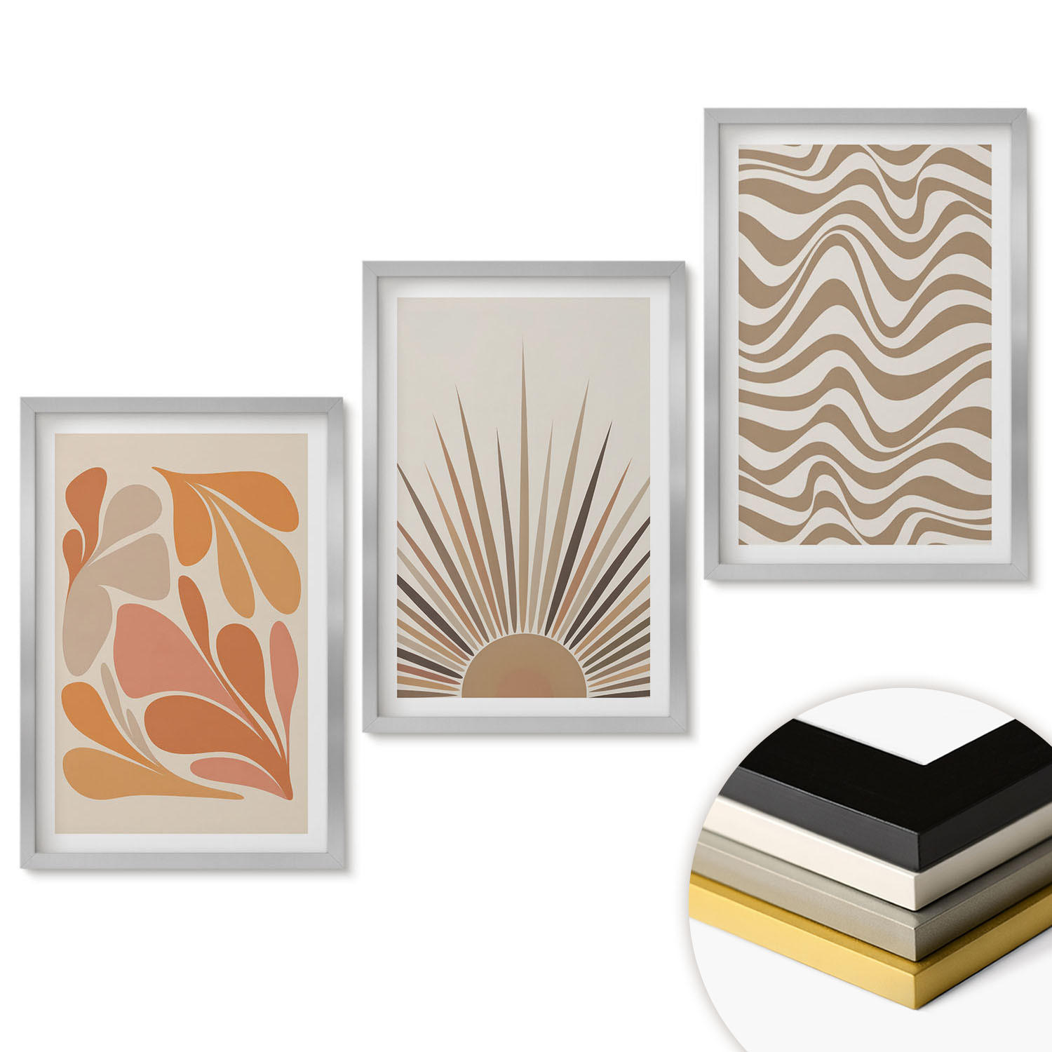 WANDBILDER 3er Set - 40x60 cm Silberner Rahmen - Sonnen-Boho-Pastelltönen - Silberfarben, Kunststoff (40/60cm) - ArtPrintCave
