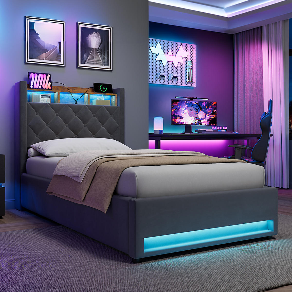 POLSTERBETT 90/190 cm in Grau, Samt, mit USB, LED, Bettkasten, ohne Matratze - Grau, Holzwerkstoff/Textil (90/190cm) - WISHDOR