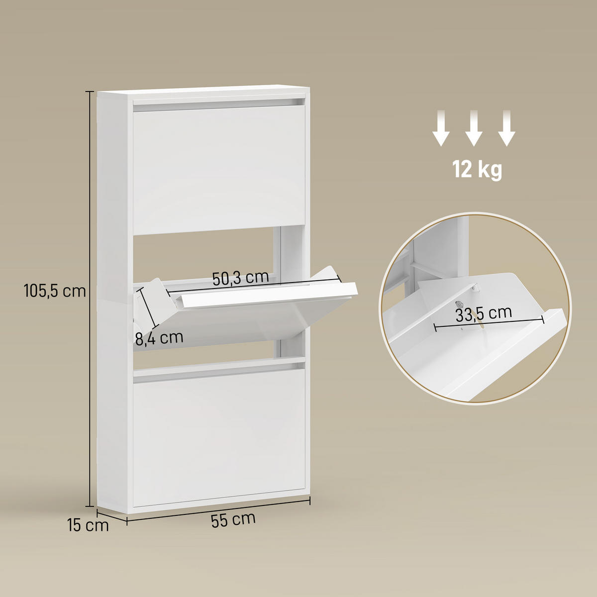 SCHUHSCHRANK Weiß 15.0/55.0/105.5 cm - Weiß, Metall (55/105.5/15cm)