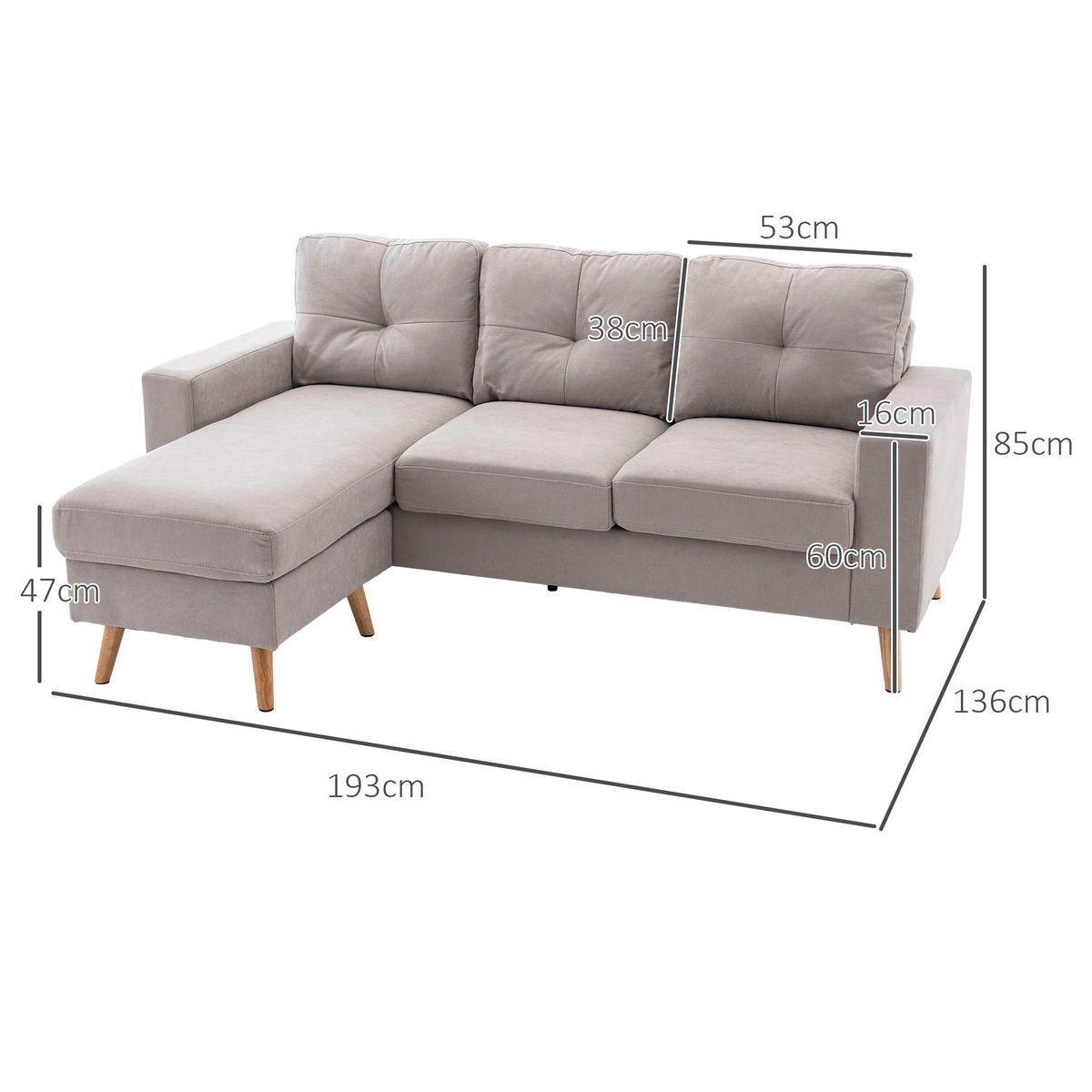 ECKSOFA Eckcouch in L-Form, Eckgarnitur in Leinenoptik Couchgarnitur Hellgrau - Hellgrau, Textil (136/193cm) - HOMCOM