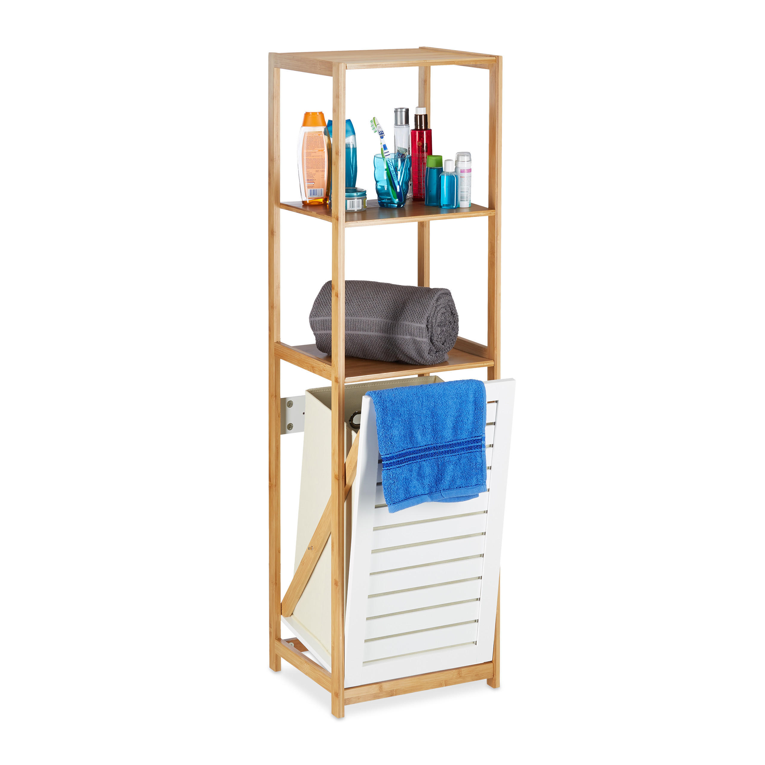 Relaxdays REGÁL přírodní bílá bambus s košem na prádlo 130 cm