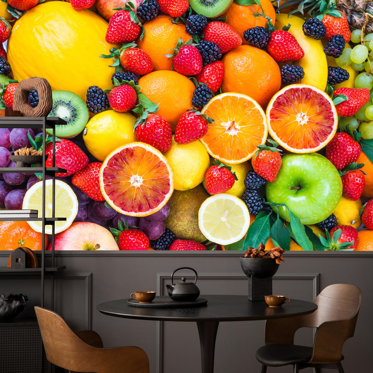 FOTOTAPETA Pre Kuchyňu Čerstvé Ovocie Jahody Pomaranče Citróny Farebná 500 x 350 cm - oranžová/žltá, papier (500/350cm) - Muralo