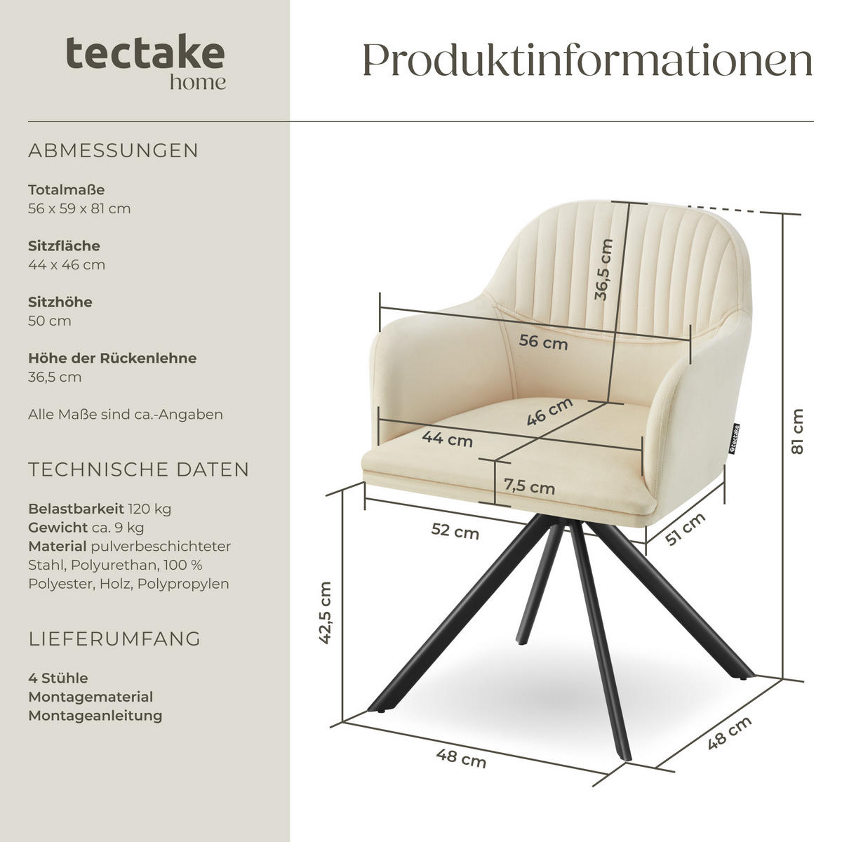 DREHSTUHL 4er Set Lona 56 x 59 x 81 cm crème/schwarz - Creme/Schwarz, Textil (56/81/59cm) - tectake