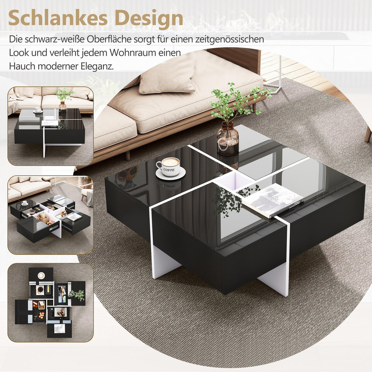 COUCHTISCH Hochglanz Oberfläche Schwarz Weiß mit 4 Schubladen und offenem Stauraum - Schwarz, Holzwerkstoff/Metall (70/70/35cm) - Urban Meuble