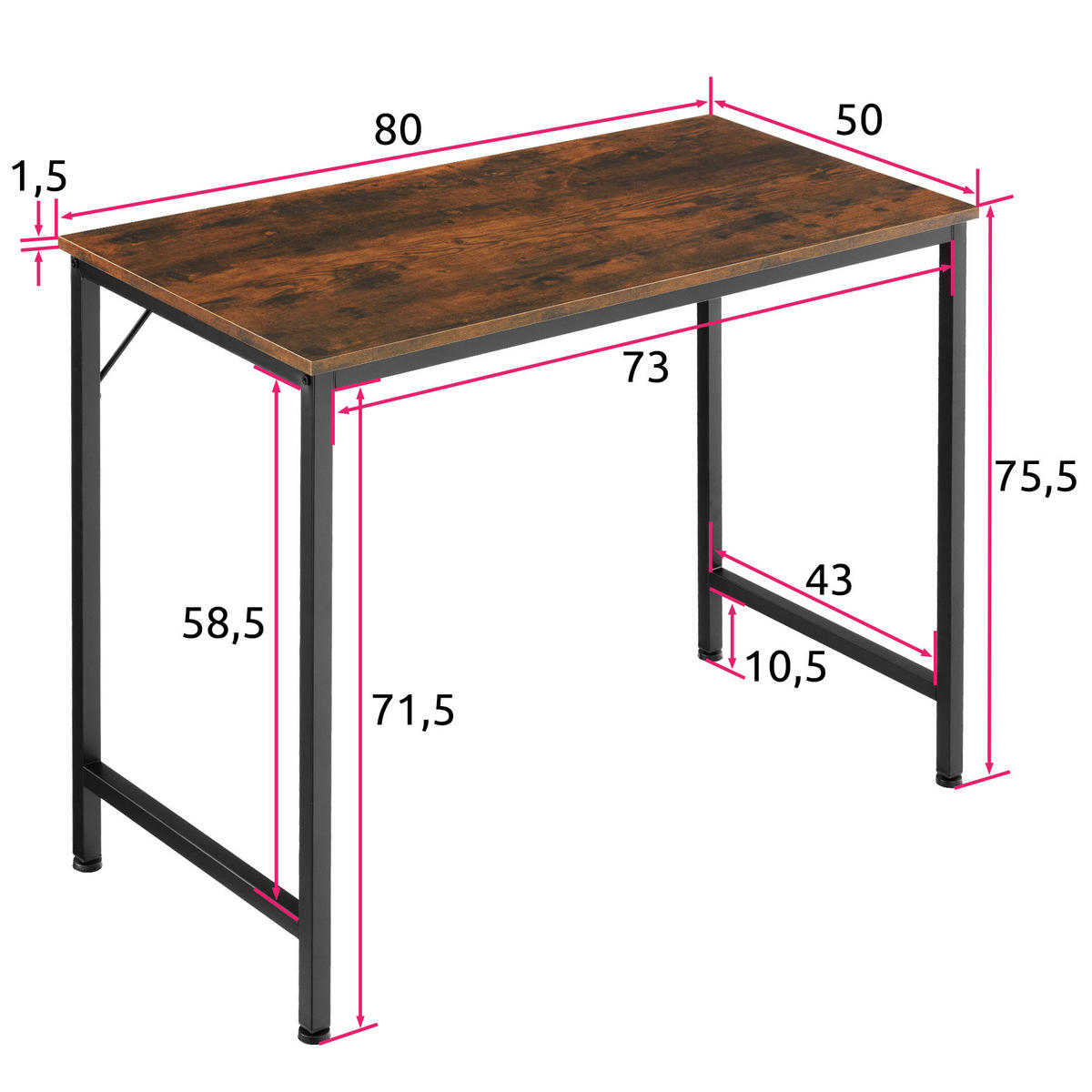 SCHREIBTISCH Jenkins, Höhe 75, 5 cm, Industrial Holz dunkel, rustikal - Rostfarben, Holzwerkstoff (50/80/75.5cm) - tectake