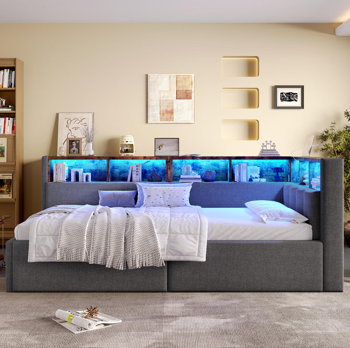 POLSTERBETT 90/200 cm Grau aus Leinen mit LED-Beleuchtung und USB- und Type-C-Anschlüssen - Grau, Textil (90/200cm) - Flora Grace