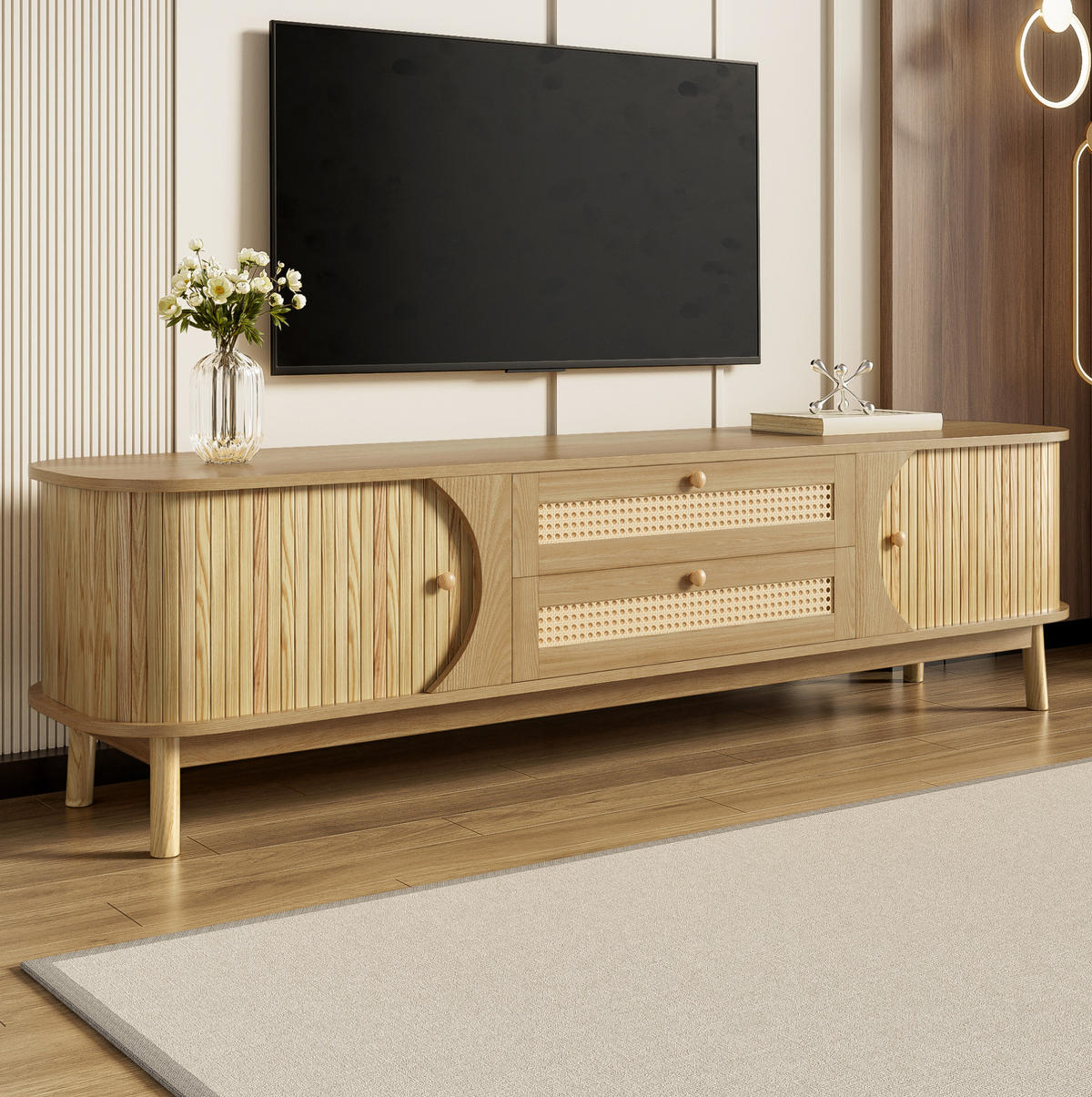 TV-SCHRANK aus MDF und Massivholz 170x39,5x46 cm Natur mit Türen und Schubladen im Rattan-Look - Eichefarben, Holzwerkstoff (170/46/39.5cm) - Modfu