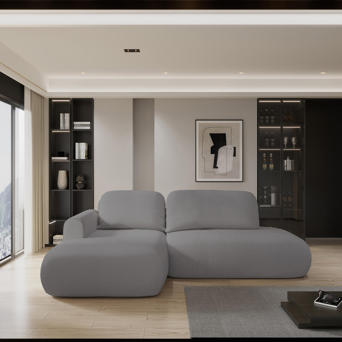 ECKSOFA NUVIRA L-S Grau Geflochtener Stoff mit Schlaffunktion - Grau, Holz (274/165cm) - MASSENO