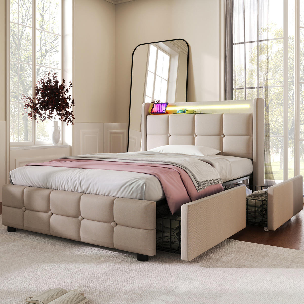 POLSTERBETT 90/200 cm mit Leinenbezug, LED-Beleuchtung, USB/Steckdosen, 2 Schubladen und Matratze, Beige - Beige, Holz (90/90cm) - Redom
