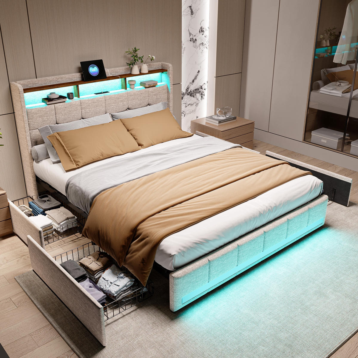 POLSTERBETT 140/200cm, mit 4 Schubladen, LED, USB-Anschluss, aus Leinen, beige - Beige, Holzwerkstoff (140/200cm) - Brevoria
