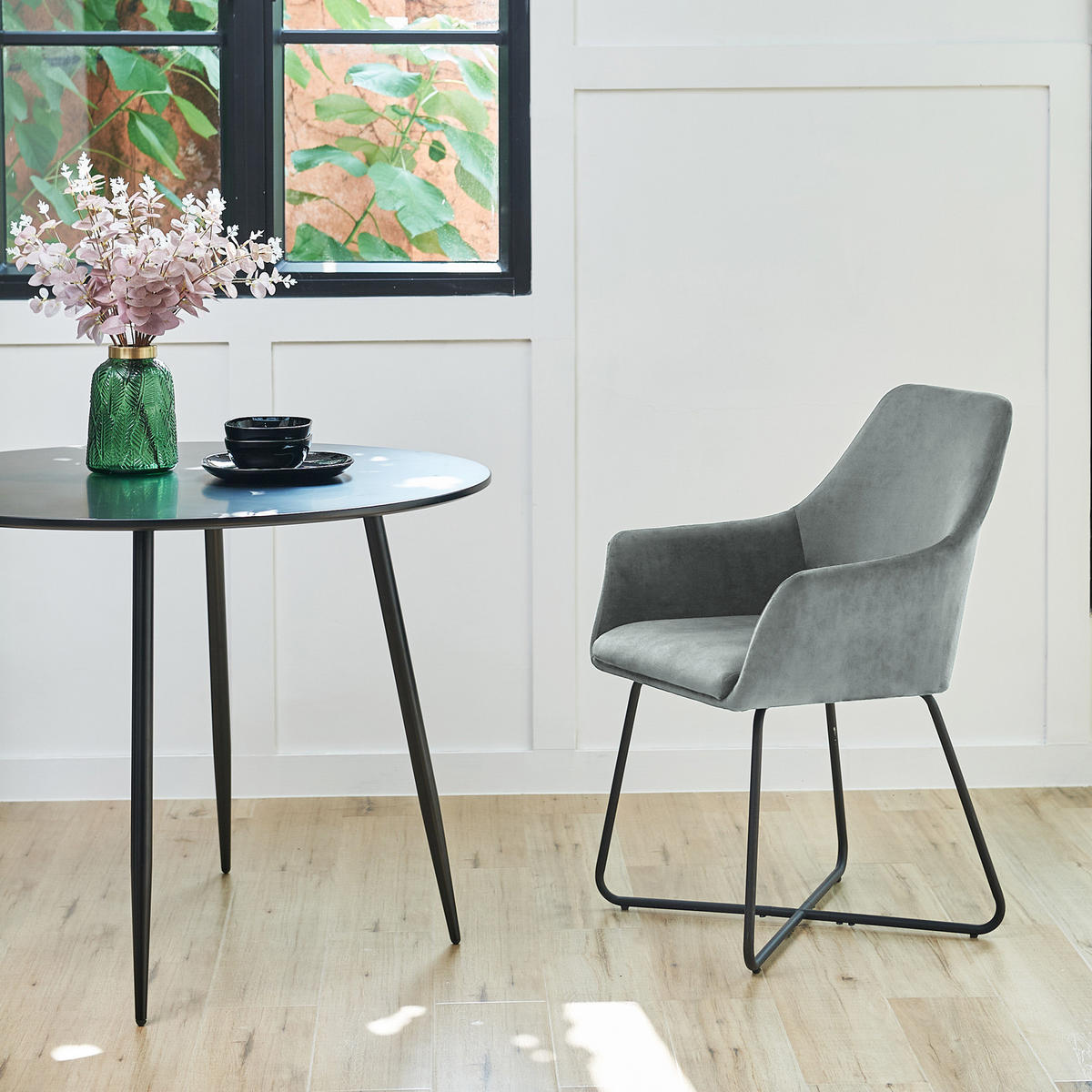 LOUNGESESSEL JOSIE Dining Samt 2er Set Grau - Hellgrau/Schwarz, Textil/Metall (59/88/58cm) - SVITA
