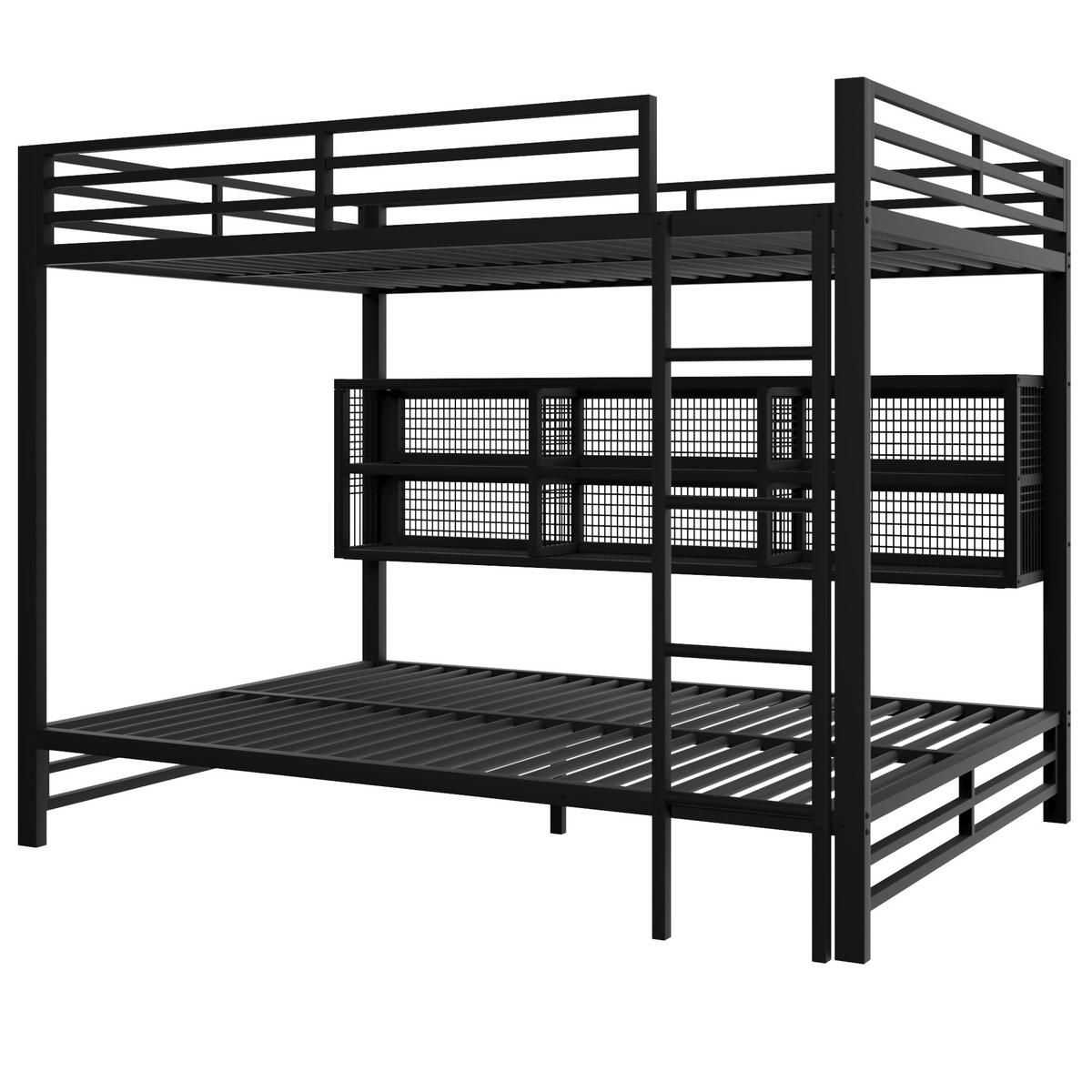 ETAGENBETT 140/200 cm schwarz aus Metall mit Stauraumschränken und LED - Schwarz, Metall (140/200cm) - OKWISH
