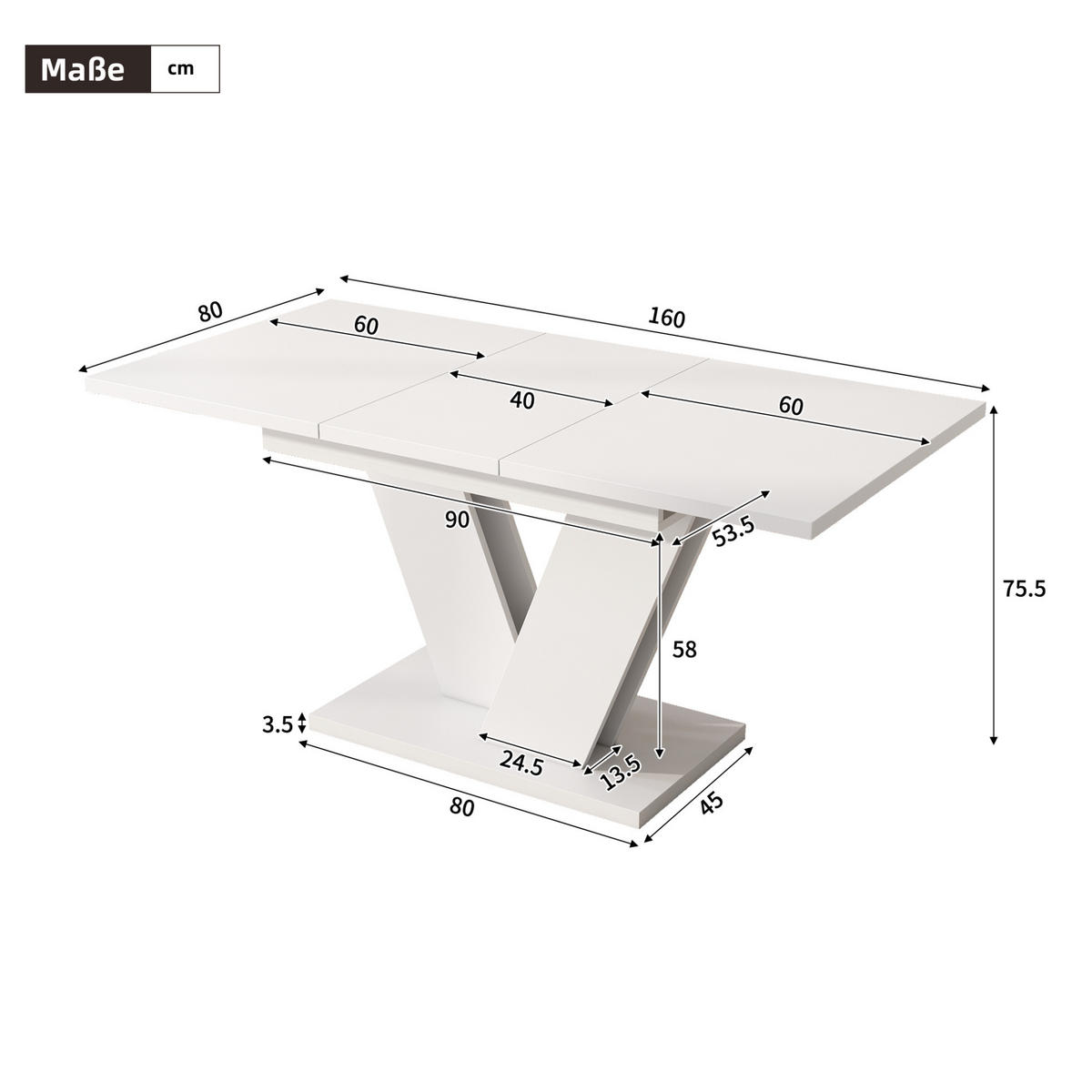 AUSZIEHTISCH 120/80 cm in Weiß mit V-Metallgestell, ausziehbar für 4–8 Personen - Weiß, Holzwerkstoff (160/80/75cm) - BEAOK