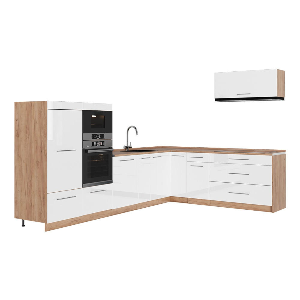 ECKKÜCHE Fame-Line, Weiß Hochglanz/Goldkraft Eiche, 327 x 227 cm, AP Eiche - Honigeiche/Weiß Hochglanz, Holzwerkstoff (327/153.6/60cm) - Vicco