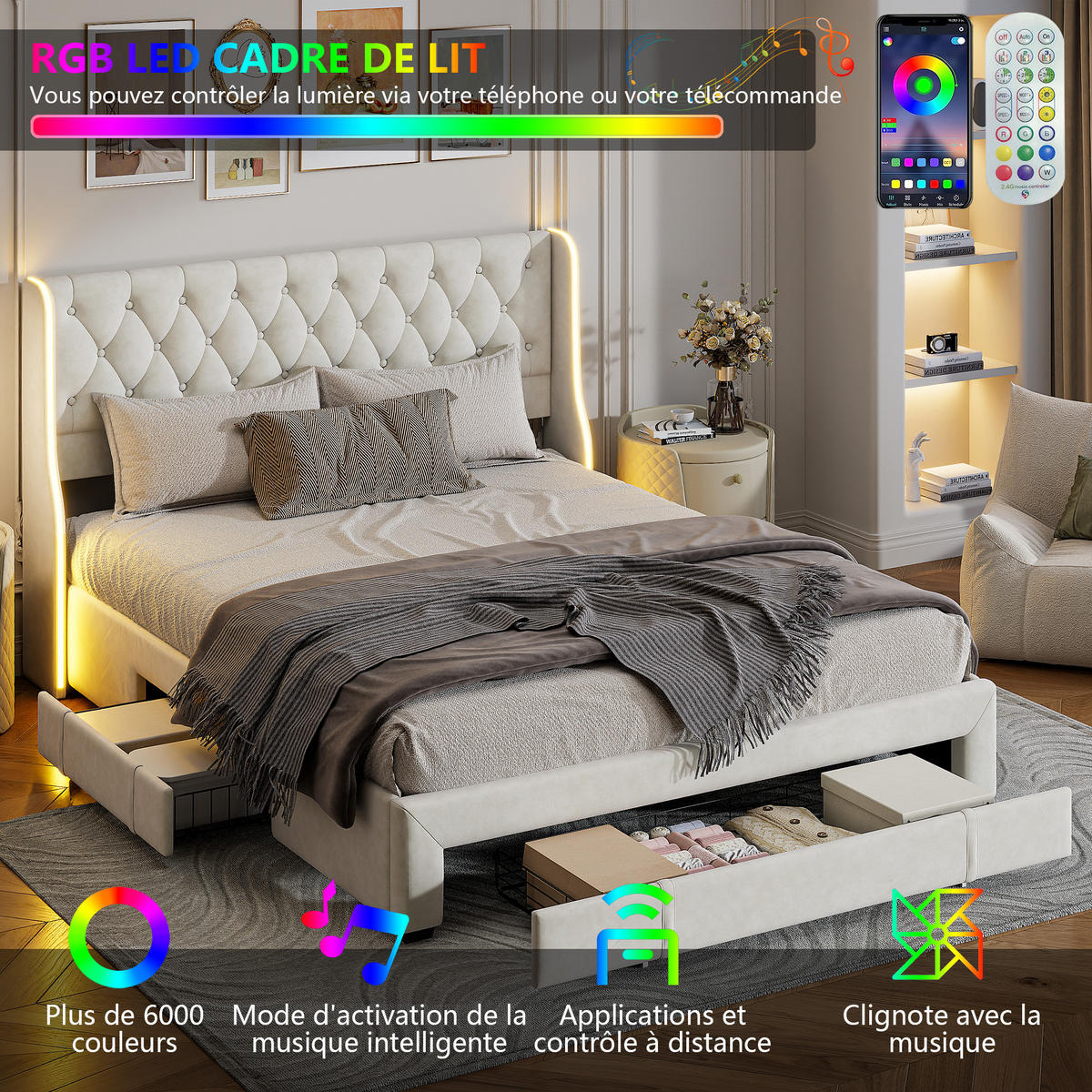 POLSTERBETT 160x200 cm LED Kopfteil 3 Schubladen Lattenrost Samt beige - Beige, Holz (160/200cm) - LEBENLANG