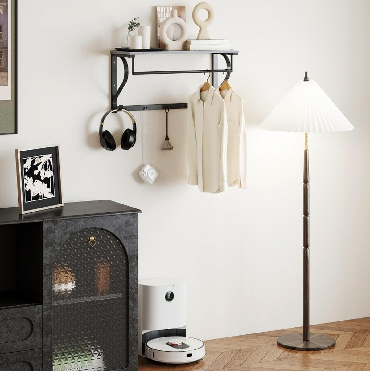 WANDGARDEROBE mit 5 Haken, Ablagefach und Kleiderstange in Holzoptik, Grau - Grau, Holz (70/35.4/25cm) - Redom