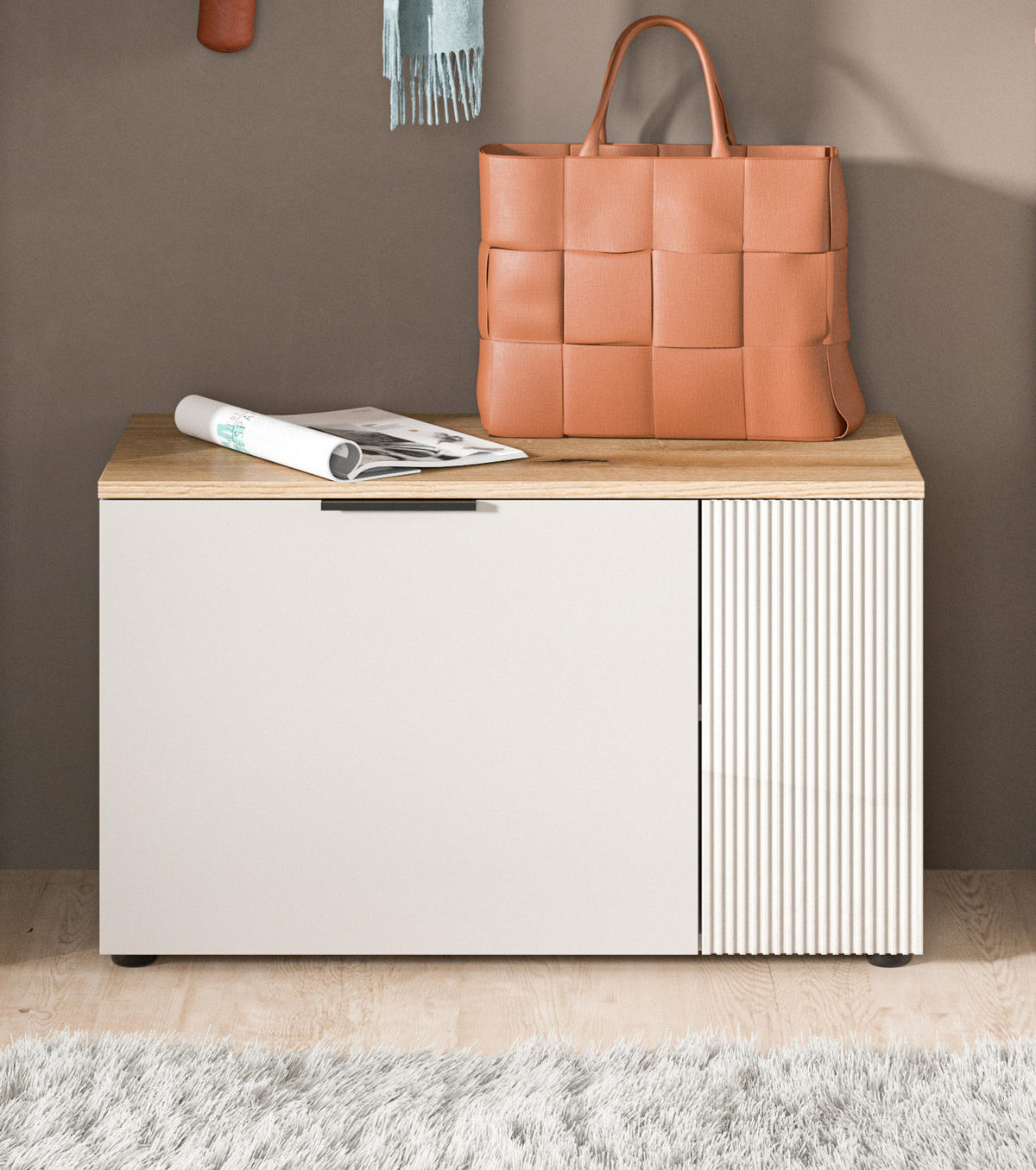 GARDEROBENBANK Kaschmir Sand, Eiche 80 cm, Sitzbank mit Stauraum, Skid - Kaschmir/Eichefarben, Holzwerkstoff/Kunststoff (80/48/36cm) - Inn.Furn