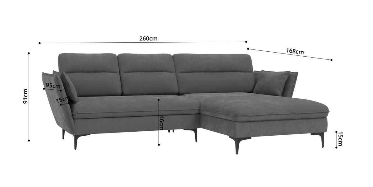 ECKSOFA Mira Grau Samt-Stoff - Schwarz/Grau, Textil/Metall (260/168cm) - S-Style Möbel