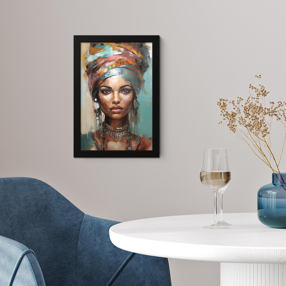 GERAHMTES BILD Frau - Kunst - Schmuck - Porträt 20x30 cm - Blaugrau, Papier (20/30cm) - MuchoWow