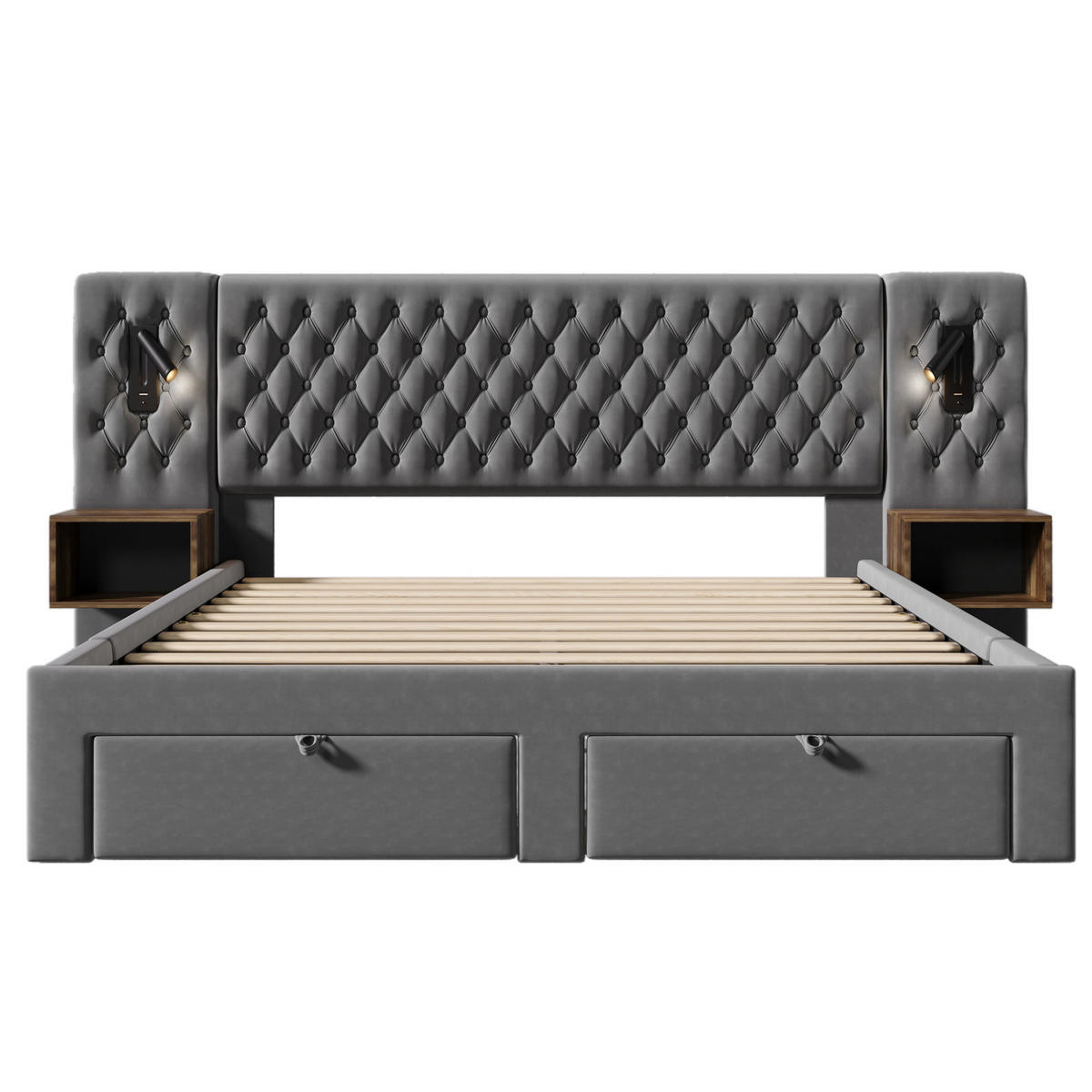 BETT mit 2 Nachttischen, 4 Schubladen und USB 160x200 cm Samt Grau - Grau, Metall (160/200cm) - Meubliv