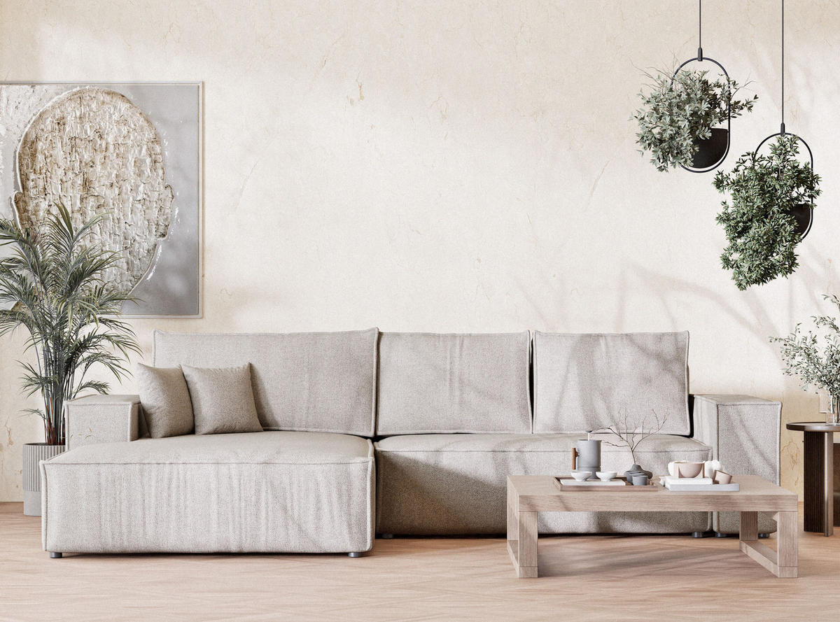 ECKSOFA MIT SCHLAFFUNKTION Maze Beige Webstoff - Schwarz/Grau, Holz/Holzwerkstoff (294/185cm) - Maison de Reve