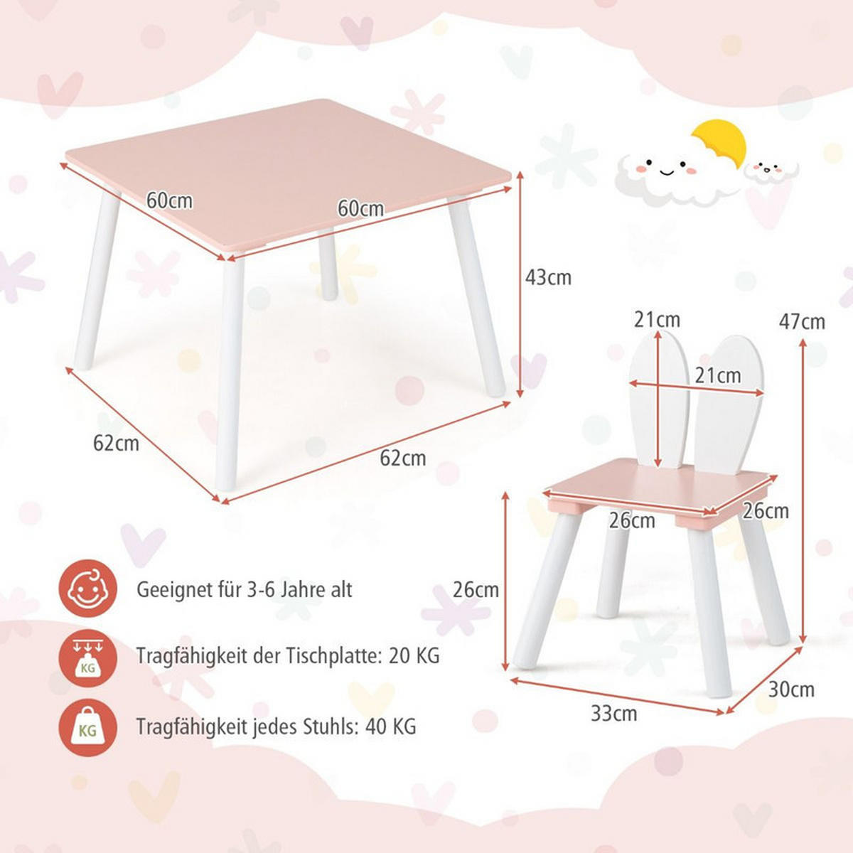 KINDERTISCH mit 2 Stühlen rosa(3-tlg) - Pink, Holzwerkstoff (62/43/62cm) - COSTWAY