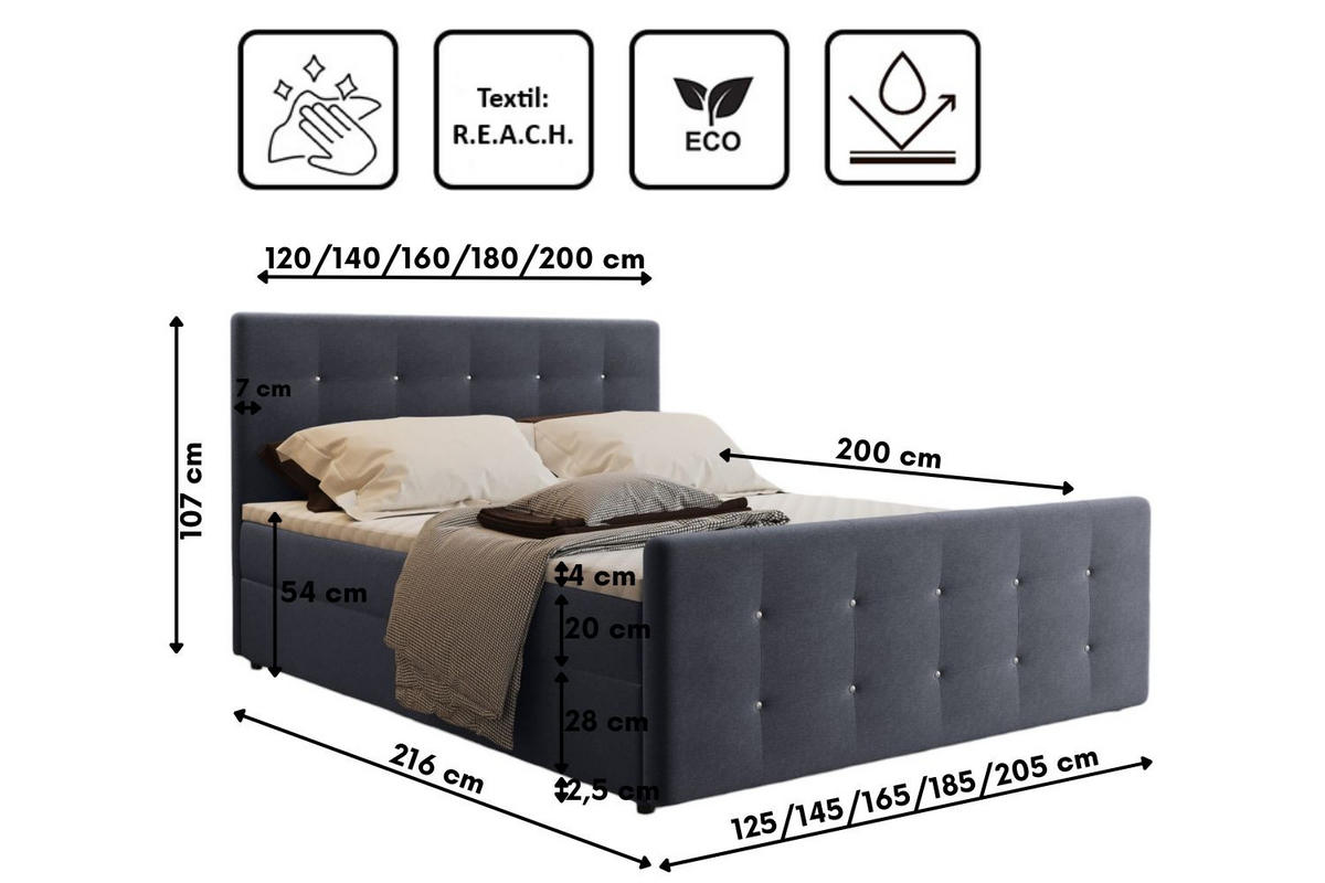 BOXBETT Mit Bettkasten Matratze Topper AMOR Dunkelgrau 180x200 cm H2-Pocket - Dunkelgrau/Schwarz, Holz/Holzwerkstoff (180/200cm) - Kaiser Möbel